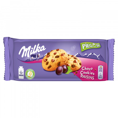 Milka Pieguski Choco Cookie Raisins Ciasteczka z kawałkami czekolady mlecznej i rodzynkami 135 g