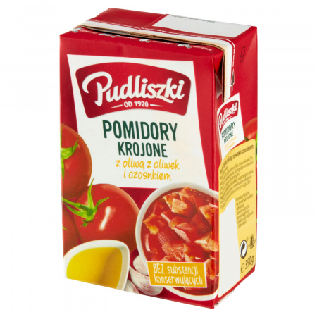 Pudliszki Pomidory krojone z oliwą z oliwek i czosnkiem 390 g