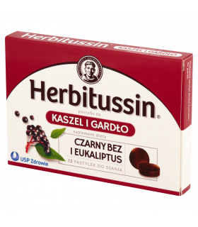 Herbitussin Czarny bez i eukaliptus Pastylki na kaszel i gardło Suplement diety 12 pastylek