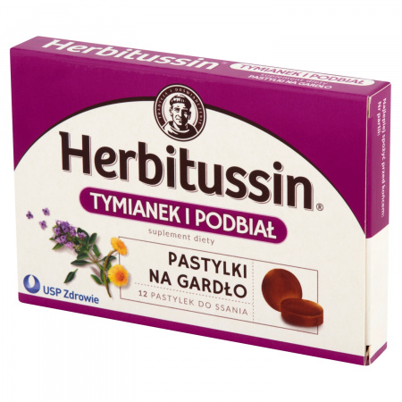 Herbitussin Tymianek i podbiał Pastylki na gardło Suplement diety 12 pastylek