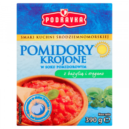 Podravka Pomidory krojone w soku pomidorowym z bazylią i oregano 390 g