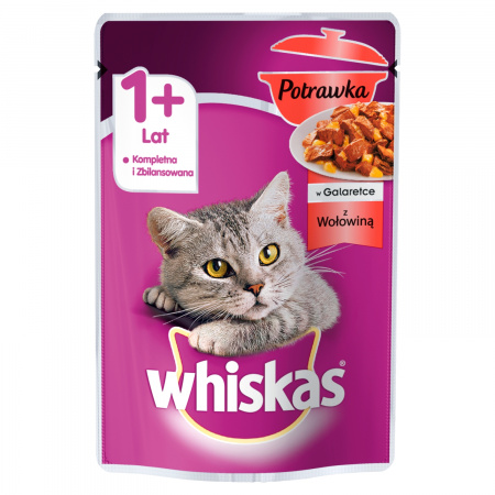 Whiskas 1+ lat Karma pełnoporcjowa potrawka w galaretce z wołowiną 85 g