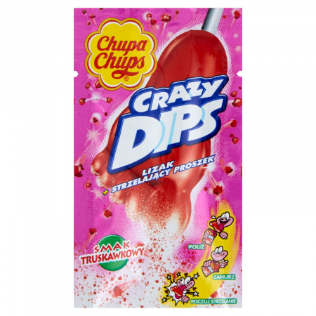 Chupa Chups Crazy Dips Lizak ze strzelającym proszkiem smak truskawkowy 14 g