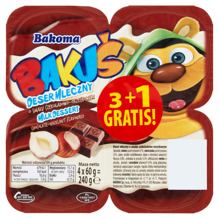 Bakoma Bakuś Deser mleczny o smaku czekalodowo-orzechowym 240 g (4 x 60 g)