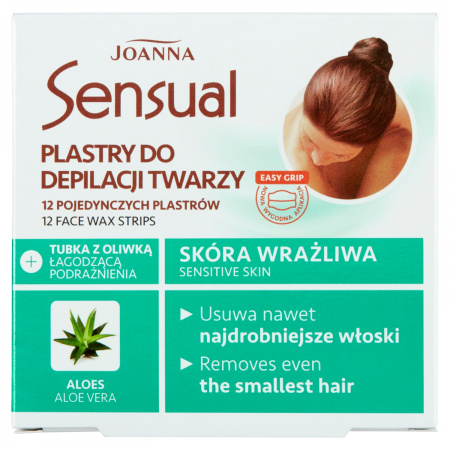 Joanna Sensual Plastry do depilacji twarzy skóra wrażliwa 12 sztuk + Tubka z oliwką łagodzącą 10 ml